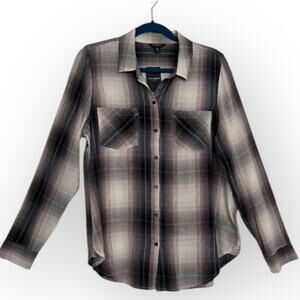 Lucky plaid button-down shirt, ladies large blue brown long sleeve tunic length